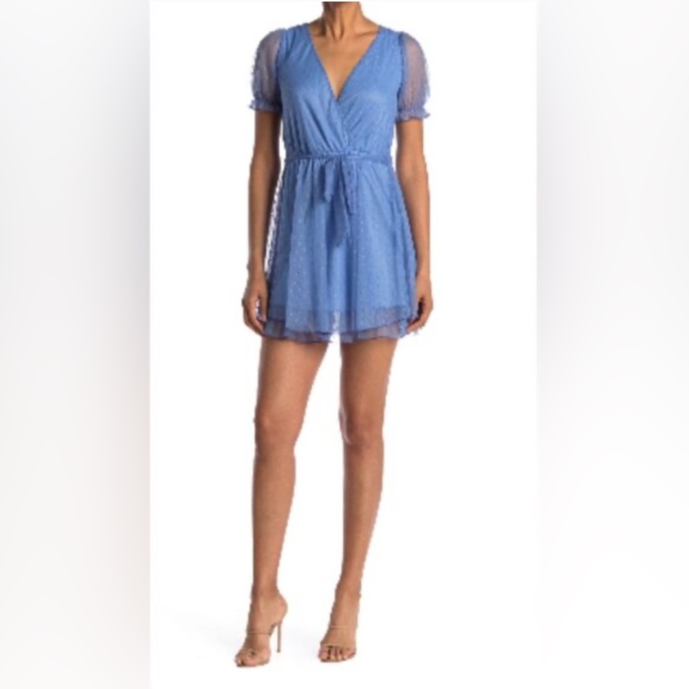 Kenedik Swiss Dot Mesh Faux Wrap Dress Dusty Blue Size Large Waist Tie V